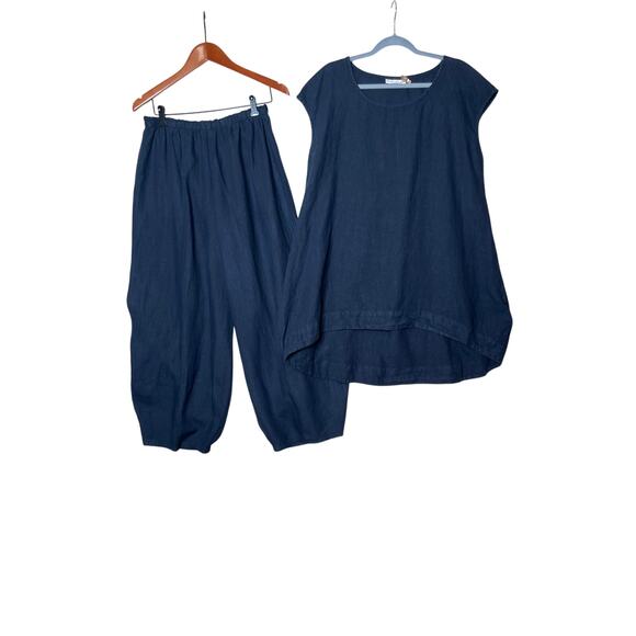 Bryn Walker size L navy outfit oversized 100% linen elastic waist cropped pants - Picture 2 of 12